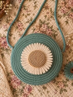 Teal Daisy Round Crossbody Purse Boho Cottagecore